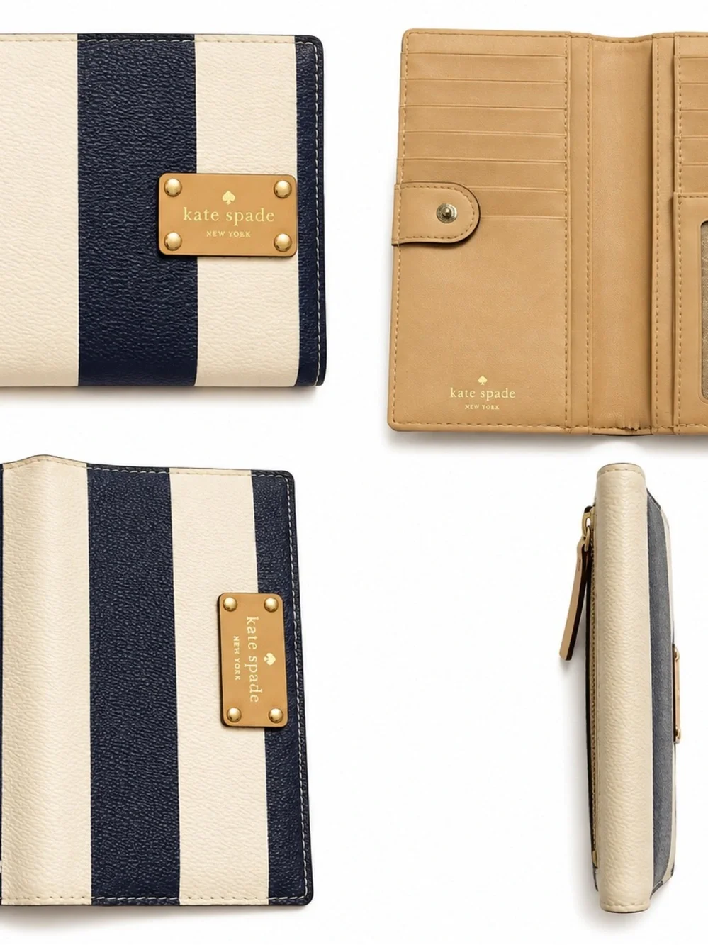 kate spade Navy and Cream Striped Leather Wallet with Gold Plaque